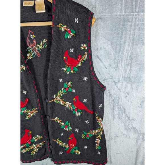 Vtg Bobbie Brooks Woman Plus Cardinal Bird Embroidered Black Sweater Ves 22W 24W - Picture 2 of 9